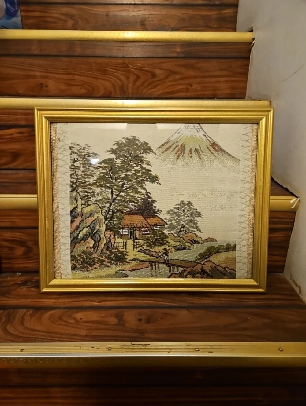 VINTAGE Japanese Tapestry Mt Fuji Landscape Framed Woven Art Garden Scene Japan